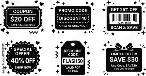 Black and white discount coupon and promo code icons set with text and decorative elements