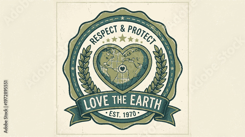 Earth conservation emblem with heart and laurel leaves on beige background
