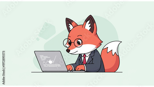 Cartoon Fox Working on Laptop.
