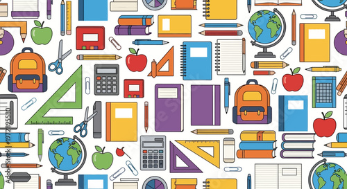 Colorful school supplies and education tools.