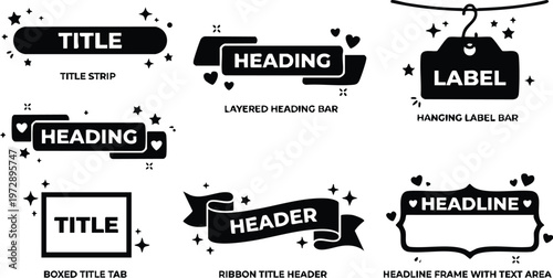 Black and white ribbon title header and layered heading bar vector art with hearts and stars