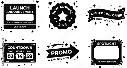 Black and white countdown launch announcement promo and spotlight marketing badges vector art