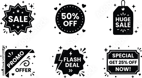 Black and white sale promo discount icons set with text and decorative stars