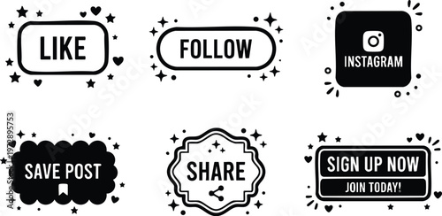 Black and white social media follow like share save post and sign up now buttons vector art