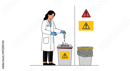 Doctor Disposing Medical Waste Safely in Sharps Container and Trash Bin
