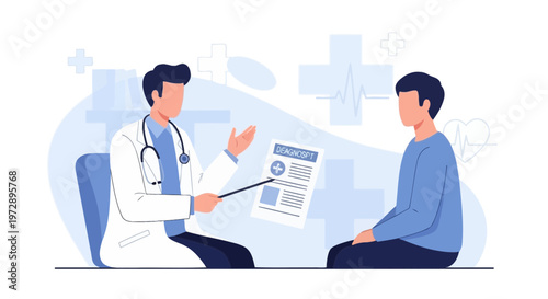 Doctor Explaining Diagnosis Report to Patient in Medical Office