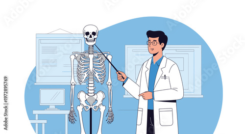 Doctor Explaining Human Skeleton Anatomy with Pointer in Medical Office