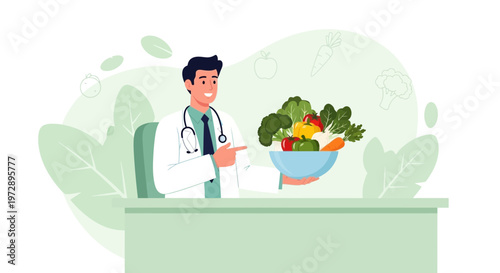 Doctor holding bowl of fresh vegetables, promoting healthy eating and nutrition