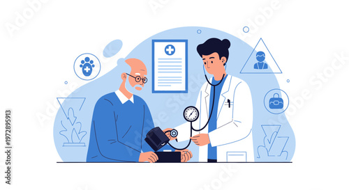 Doctor Measuring Blood Pressure of Elderly Patient, Healthcare Concept Illustration