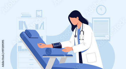 Doctor measuring blood pressure of patient in clinic examination room, healthcare concept