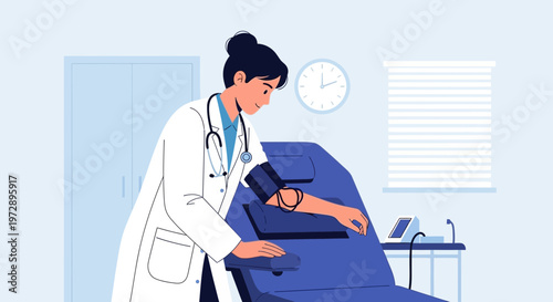 Doctor measuring blood pressure of patient in medical examination room