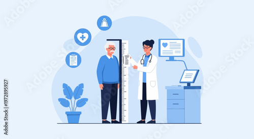 Doctor measuring height of elderly man in clinic, healthcare checkup concept