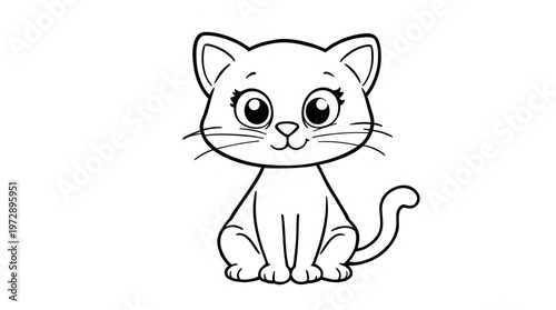Cartoon outline of a cute kitten sitting upright with its tail curled