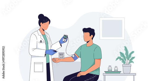 Doctor measuring patient's blood pressure, healthcare checkup, medical examination, clinic interior