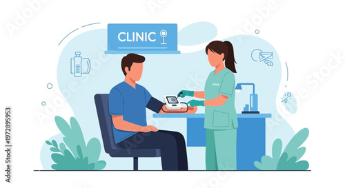 Doctor measuring patient's blood pressure in clinic, healthcare checkup, medical examination