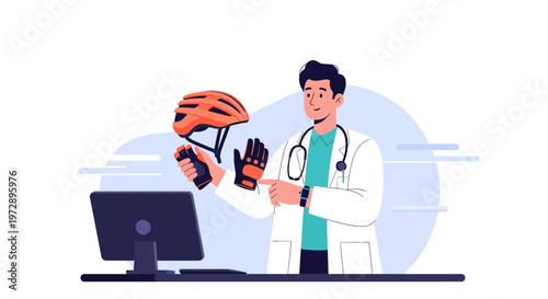 Doctor with helmet and gloves, cycling safety, sports medicine, online consultation