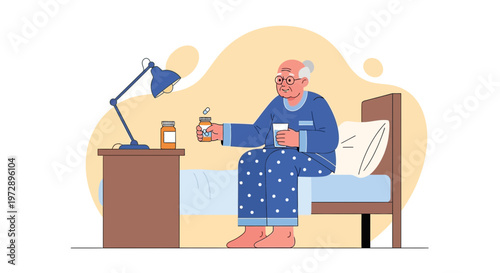 Elderly man in pajamas taking medication in bed at night