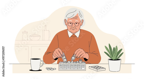 Elderly man organizing pills in a weekly pill organizer, health and medication management