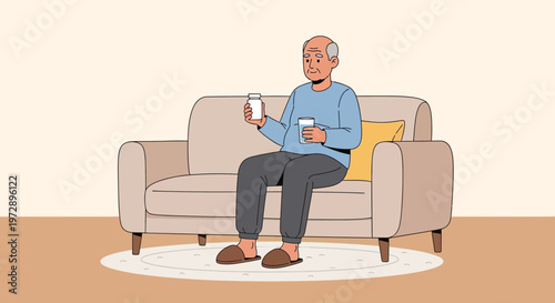 Elderly man sitting on sofa holding medication and glass of water, taking pills