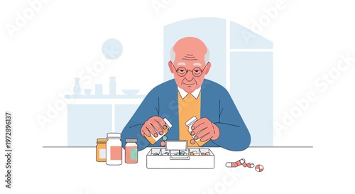 Elderly Man Sorting Pills in Pill Organizer, Senior Health, Medication Management