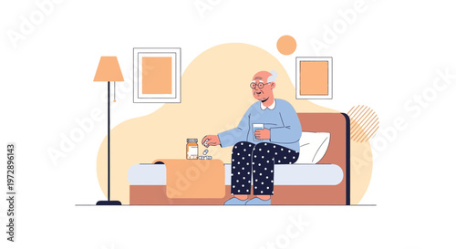 Elderly man taking medication in bed, senior healthcare, daily routine, home care