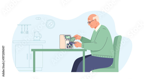 Elderly man using ATM at home, financial independence and technology for seniors