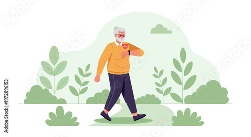 Elderly Man Walking in Park Checking Smartwatch, Healthy Lifestyle, Outdoor Activity