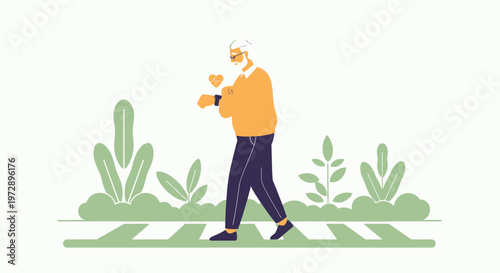 Elderly Man Walking on Crosswalk with Smartwatch, Heart Icon, Healthy Lifestyle
