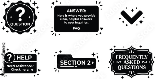 Black and white frequently asked questions and help icons vector art set