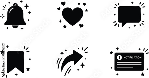 Black notification bell heart chat bookmark share message icons vector art
