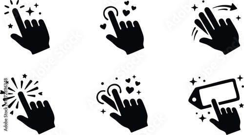 Black silhouette icons of hand gestures tapping clicking and swiping on screen