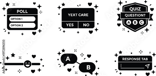 Black and white social media poll quiz and chat icons with decorative stars and hearts