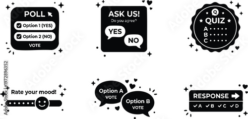 Black and white voting icons set with poll quiz and response speech bubbles