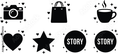Black icons of camera coffee cup heart star and story text circles