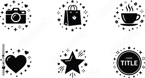 Black icons of camera shopping bag coffee heart star and title circle with sparkles