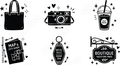 Black and white travel icons including camera map cold brew and hotel key vector art