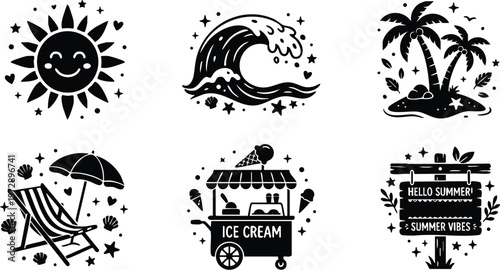 Black and white summer icons with sun wave island and ice cream cart vector art