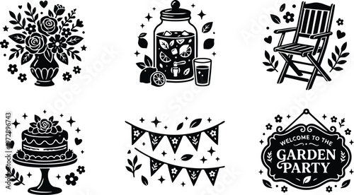 Black and white garden party decorations with flowers cake lemonade chair and bunting banners
