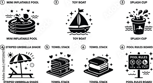 Black and white icons of mini inflatable pool toy boat splash cup umbrella and towel stack with pool rules board