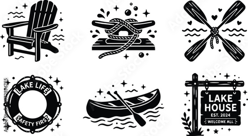 Black and white lake life icons with chair paddle boat and safety ring