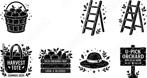 Black and white orchard basket ladder hat and sign line art vector