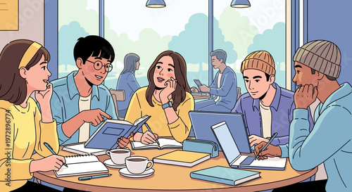 Group of young adults studying together.