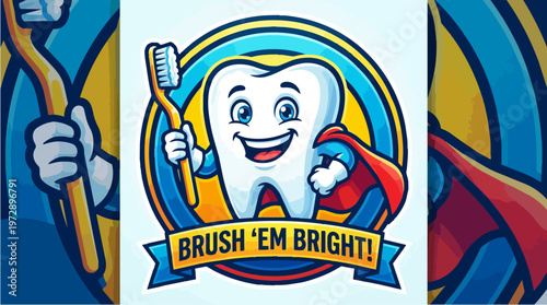 Tooth with Toothbrush Cartoon.
