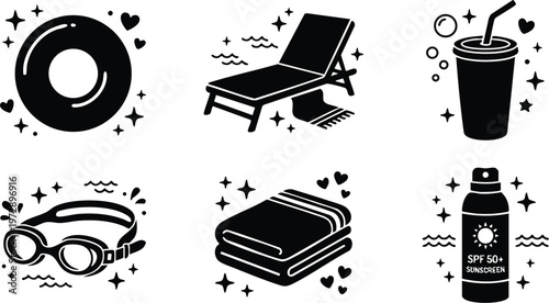 Black and white summer beach icons with inner tube lounge chair and sunscreen