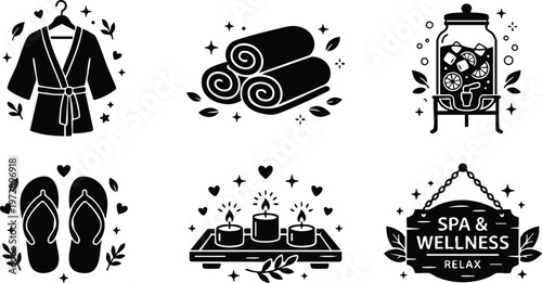 Black and white spa and wellness icons with robe candles flip flops and infused water