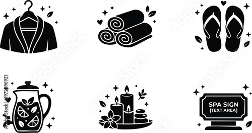 Black and white spa icons with robe towels candles and flip flops