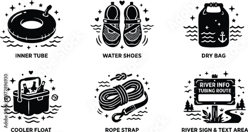 Black and white river tubing icons with inner tube water shoes dry bag and rope strap