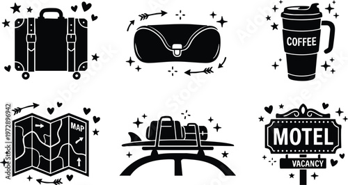 Black and white flat design travel icons with luggage coffee map and motel sign