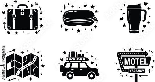 Black travel icons set with suitcase map and motel sign vector art