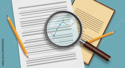 Magnifying glass on business documents.